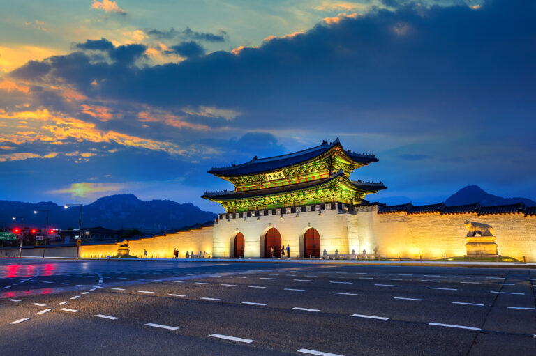 Geyongbokgung Palace and car light at sunset in Seoul, South Kor